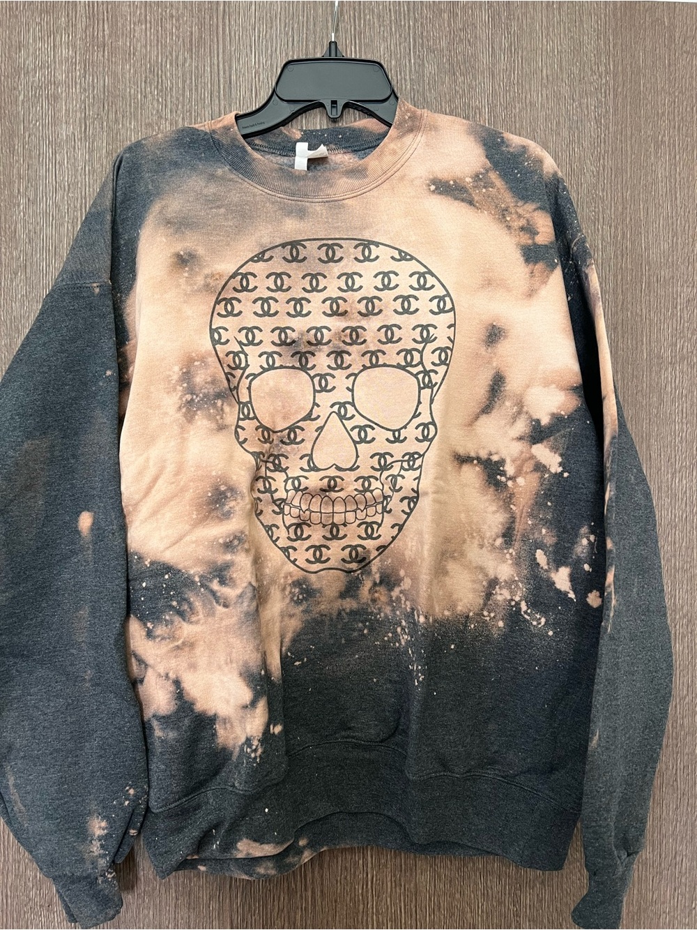 Tie-Dye Skull Graphic Crewneck Sweatshirt - Black & Beige